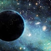 An illustration of Earth in silhouette with galaxies and the colorful CMB in the background.