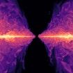 Still from a simulation showing a cross section of an accretion disk around a black hole.