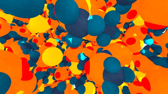 A still from a movie showing a view inside a dense LiTFSI system, filled with multicolored spheres bumping into each other.