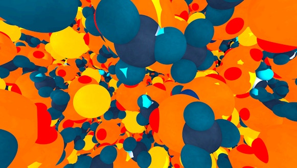A still from a movie showing a view inside a dense LiTFSI system, filled with multicolored spheres bumping into each other.