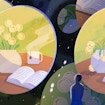 An illustration of a person looking at a vase of flowers and a cup of tea.