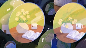 An illustration of a person looking at a vase of flowers and a cup of tea.