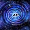 An illustration of gravitational waves from two black holes nearing a merger event.