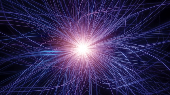 Circular scientific visualization on a black background, resembling an eye or burst pattern. Thousands of thin blue, cyan, and occasional red lines radiate outward from a large black octagonal center, filling a polygonal boundary. The dense network of colored tracks creates a spoked, halo-like structure with intricate overlapping paths and points, suggestive of particle trajectories or complex data flowing outward from a central region.