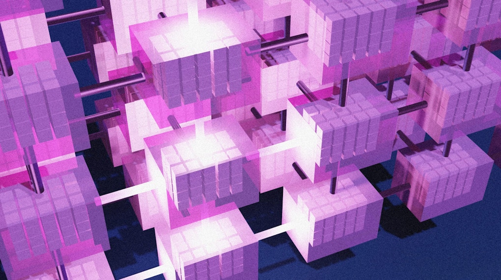 Artist's representation of a tensor network, showing many connected cubes.