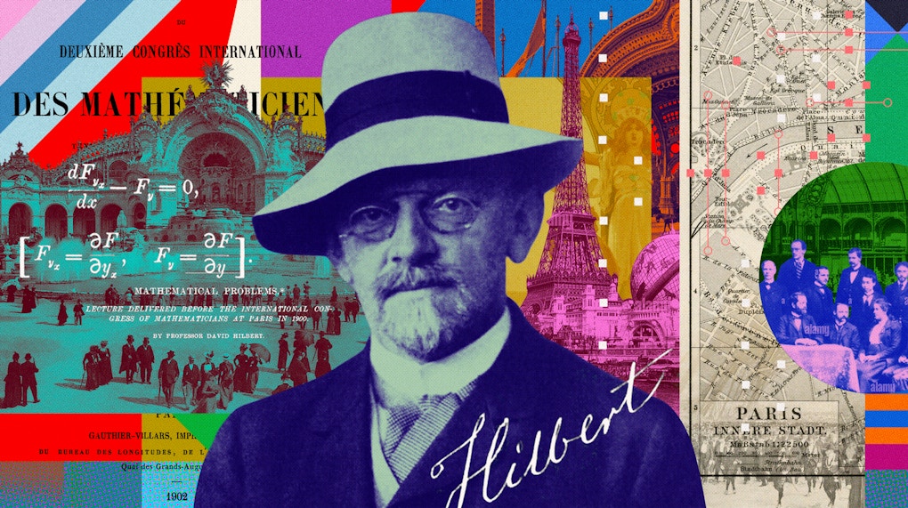 Collage of David Hilbert and imagery of 1900s Paris.