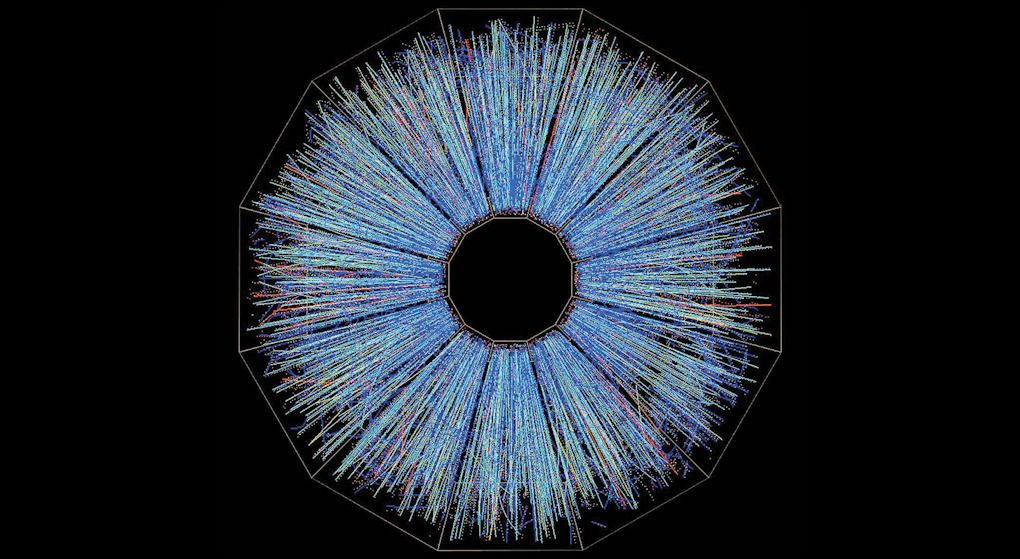 Circular scientific visualization on a black background, resembling an eye or burst pattern. Thousands of thin blue, cyan, and occasional red lines radiate outward from a large black octagonal center, filling a polygonal boundary. The dense network of colored tracks creates a spoked, halo-like structure with intricate overlapping paths and points, suggestive of particle trajectories or complex data flowing outward from a central region.